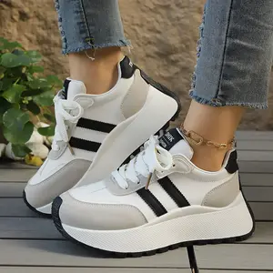 Women's Fashion Thick-Sole Sneakers Comfortable Lace-Up Low-Top Shoes Outdoor Casual Footwear with Mesh & PU Upper