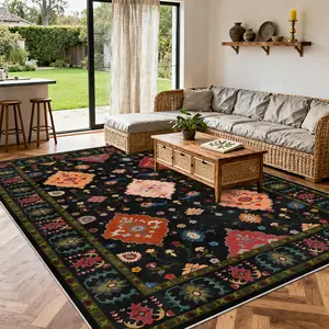 PLUMLIK Colorful Flowers Washable Rugs For Living Room, Soft Low Pile Area Carpet, Non Slip Decorative Rug For Bedroom, Carpets For Home Decor, Ideal For High Traffic Areas, Gift For Mother's Day, Easter, Housewarming non-shedding boho large carpet rug