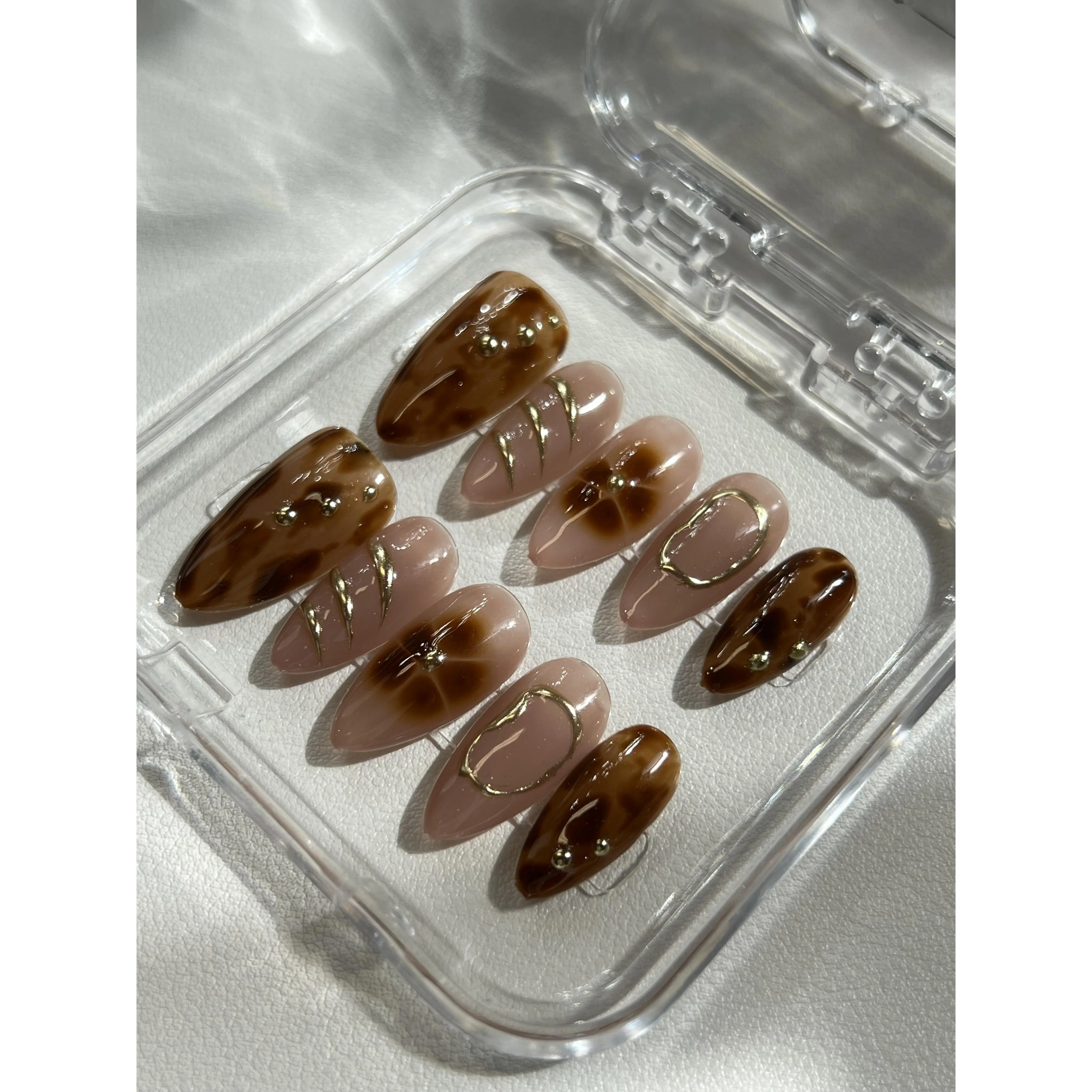 BHI Handmade Acrylic Nails - 10-Piece Reusable Gel Press-On Set, 3D Design, Salon-Quality, Durability, Natural Look, Measure Fit, Effortless At-Home Manicure Solution, Almond Shape Nails, Reusable Set