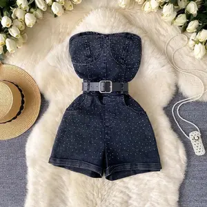 Women's denim single item summer fashion high waist slim fit sleeveless strapless gray pullover