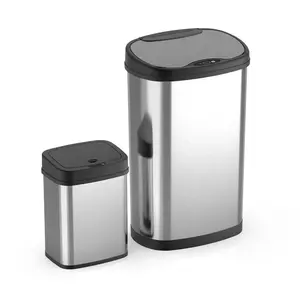 NINESTARS 2 Pack Combo 13 Gal and 3.2 Gal Automatic Touchless Infrared Motion Sensor Trash Can Combo Set, 13 Gal 50L & 3 Gal 12L, Stainless Steel Base Trash Bin Black Lid, 2 Pack Hands free Large Garbage Bin