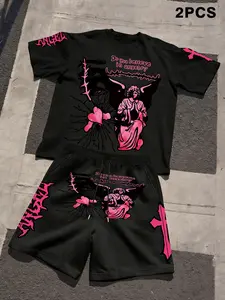 Y2K Angel Graphic 2-Piece Set: Oversized Tee & Shorts with Pink Heart Print! Edgy gothic streetwear perfect for TikTok trends—cozy, bold, and viral-ready. Slay your OOTD with this matching set that’s made for standing out. #Y2KFashion #Streetwear #Matchin