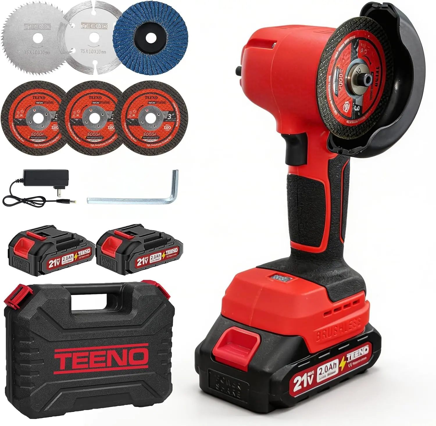 TEENO 21V Cordless Angle Grinder Kit, 19,500 RPM Mini Electric Angle Grinding Tool with 2pcs 2.0Ah Batteries & 6 Discs, 3-Inch Handheld Grinder for Metal/Wood, Fence Repair & Outdoor DIY
