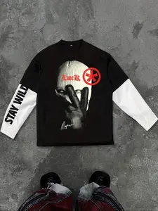 Tiktok Street Style Patchwork Sleeve T-Shirt Streetwear, Bottom Sleeves Mask Print, Oversized Unisex Fit, Spring & Fall Fashion