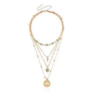 Multi - layer Stacked Vintage Necklace Set, Integrating Cross, Lotus, Turquoise Elements, Rich Layers for Personalized Looks Suitable for Multiple Styles, Fashionable & Eye - catching Stacked Neck Chain Combination