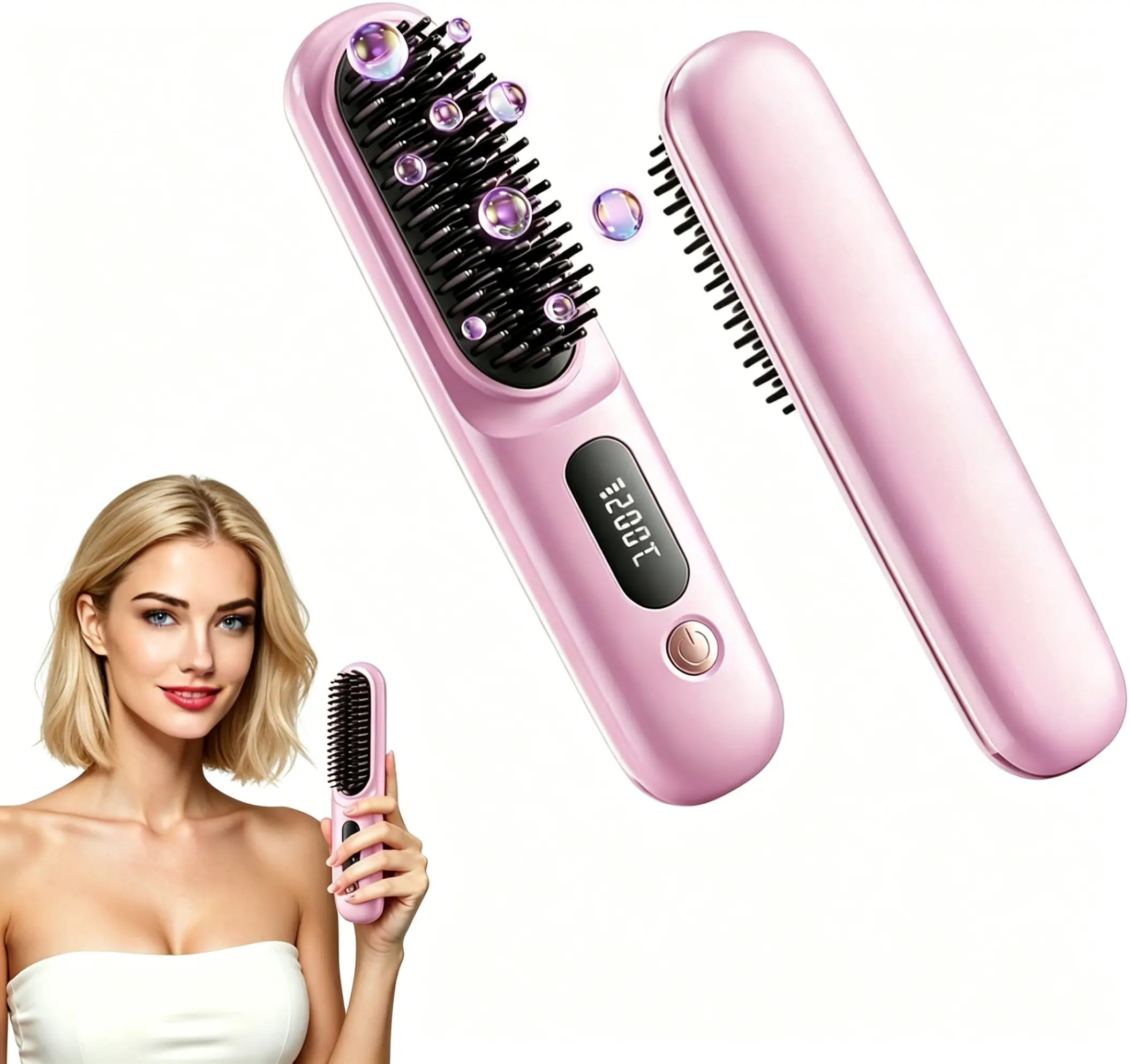 New Go Brush Pro 2026 Cordless Hair Straightener Brush, 79 Teeth for MCH Salon Smoothness, 199M Ionic, 1-MIN Fast Heat, 4000mAh 40-Min Runtime, 3-Temp&Travel, Auto Shut-Off, Used for Fine to Wavy Hair