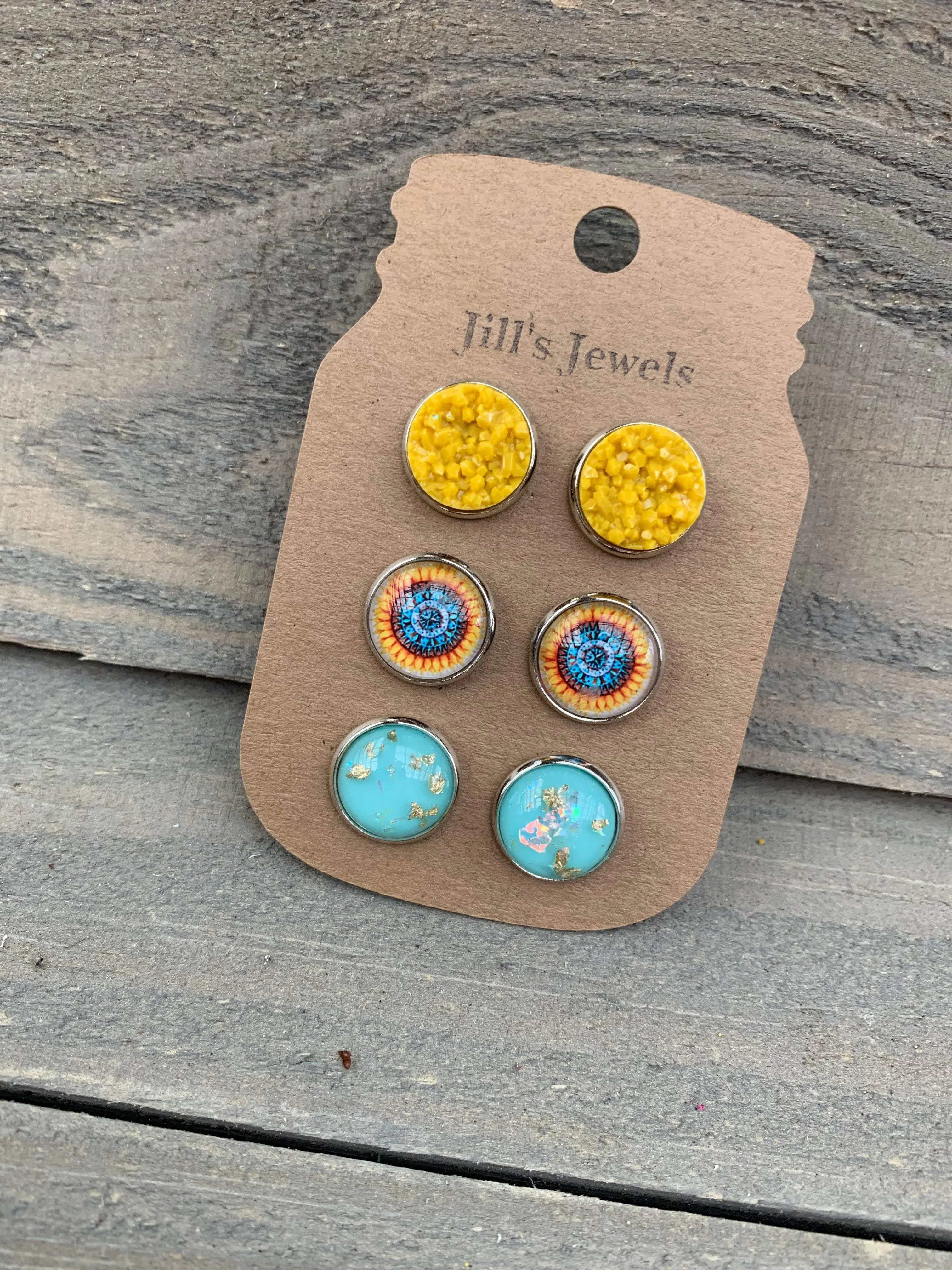 Mustard and Turquoise Mandala Faux Druzy Earring 3 Set