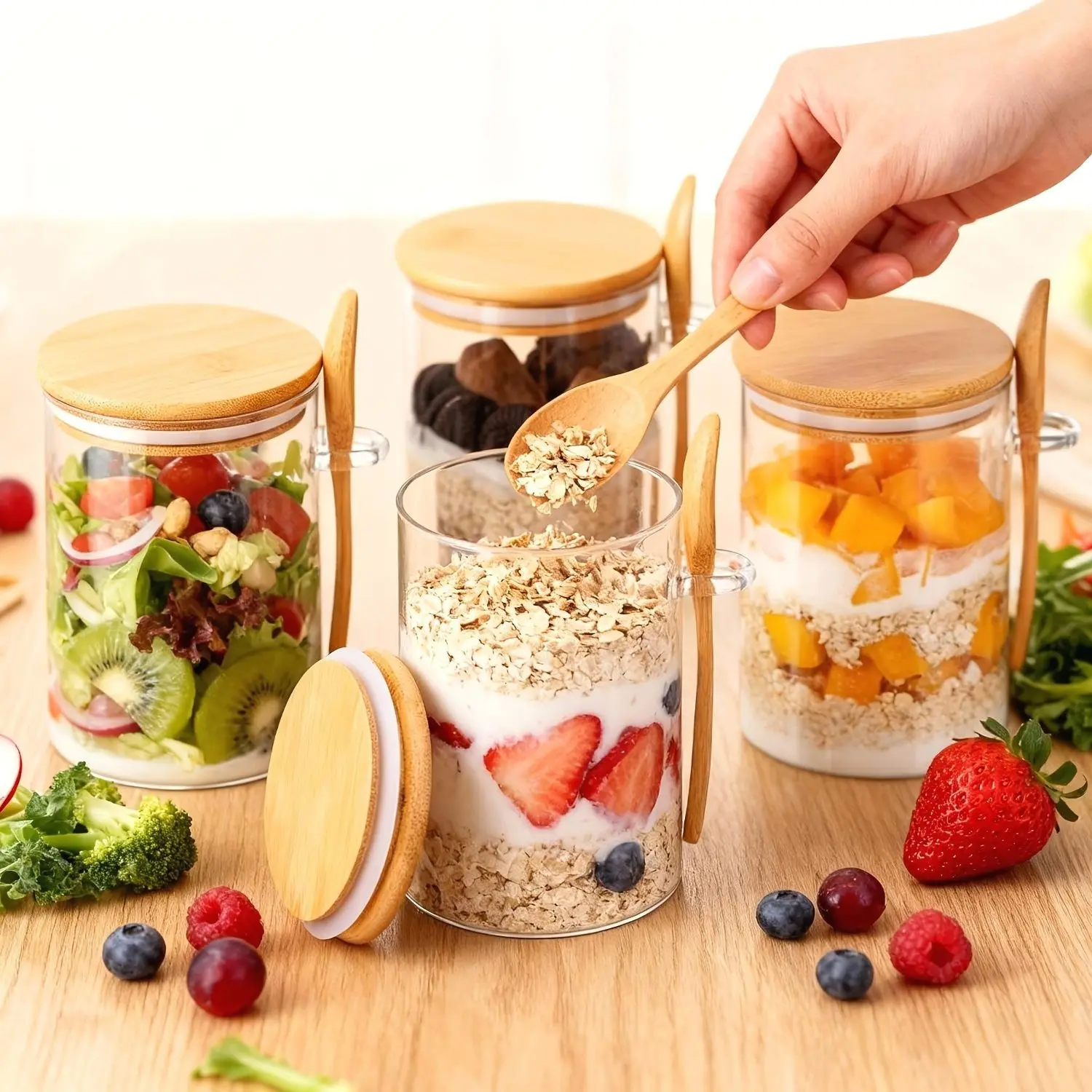 4/8pcs Local Warehouse 16oz Overnight Oats Glass Jar with Lid, Oatmeal Cup with Spoon, Meal Prep Large Capacity Breakfast Oatmeal Glass Jar Glass Meal Prep Container, Condiment Jar Glass Jar for Storing Oats And Yogurt Perfect Christmas Gift