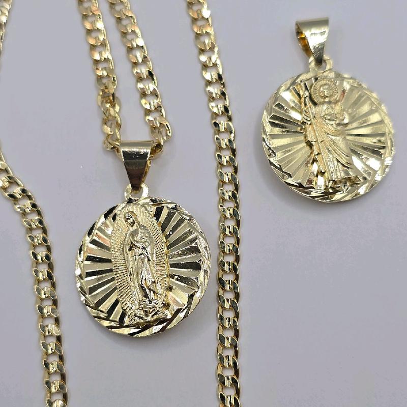 Virgin Mary & Saint Jude double face necklace Cuban style 24"inches GOLD-PLATED one chain one pendant