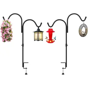 35 Inch 2 Pack Double Deck Railing Hook Bird Feeder Pole with 3 Inch Strengthened Clamp for Hanging Bird Feeders, Lanterns, Wind Chimes, Flower and Plant Baskets