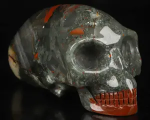 5.0" African Bloodstone Hand Carved Crystal Elongated Mayan Alien Skull Sculpture, Crystal Healing