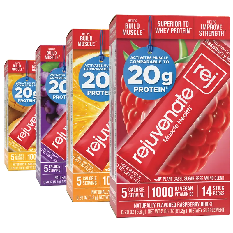 Rejuvenate Muscle Health Essential Amino Acids Comparable to 20g Protein, Only 5 Calories, Sugar-Free, Dairy-Free, 1,000 IU Vitamin D3 for Muscle Support, EAA+BCAA Drink Mix Stick Packs, Perfect Alternative to Whey Protein, Clear Protein & Protein Powder