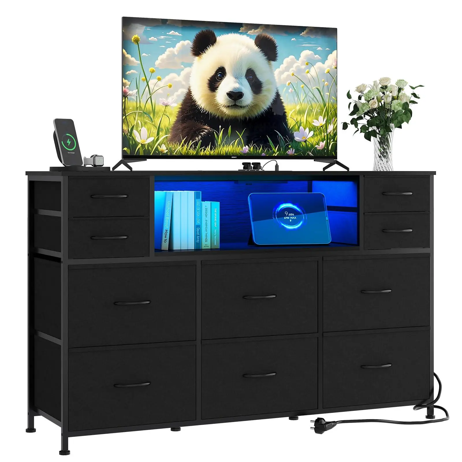 10-Drawer Dresser TV Stand with LED Lights & Power Outlets, Fabric Storage Chest for 45-55in TVs, Black