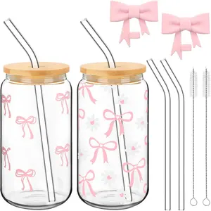 Set of 2  Bow Glass Cup 16oz Pink Glass Cup with Lids and Straws  Pink Bow  Straw Toppers Lids Protectors 2 Brush for Drinking Coffee  (Bow)