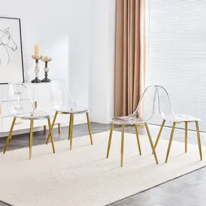 Set of 4 Transparent Dining Chairs, Modern Acrylic Armless Chairs with Gold Metal Legs, Nordic Crystal Makeup Vanity Stool, Stackable for Living Room, Kitchen, Office