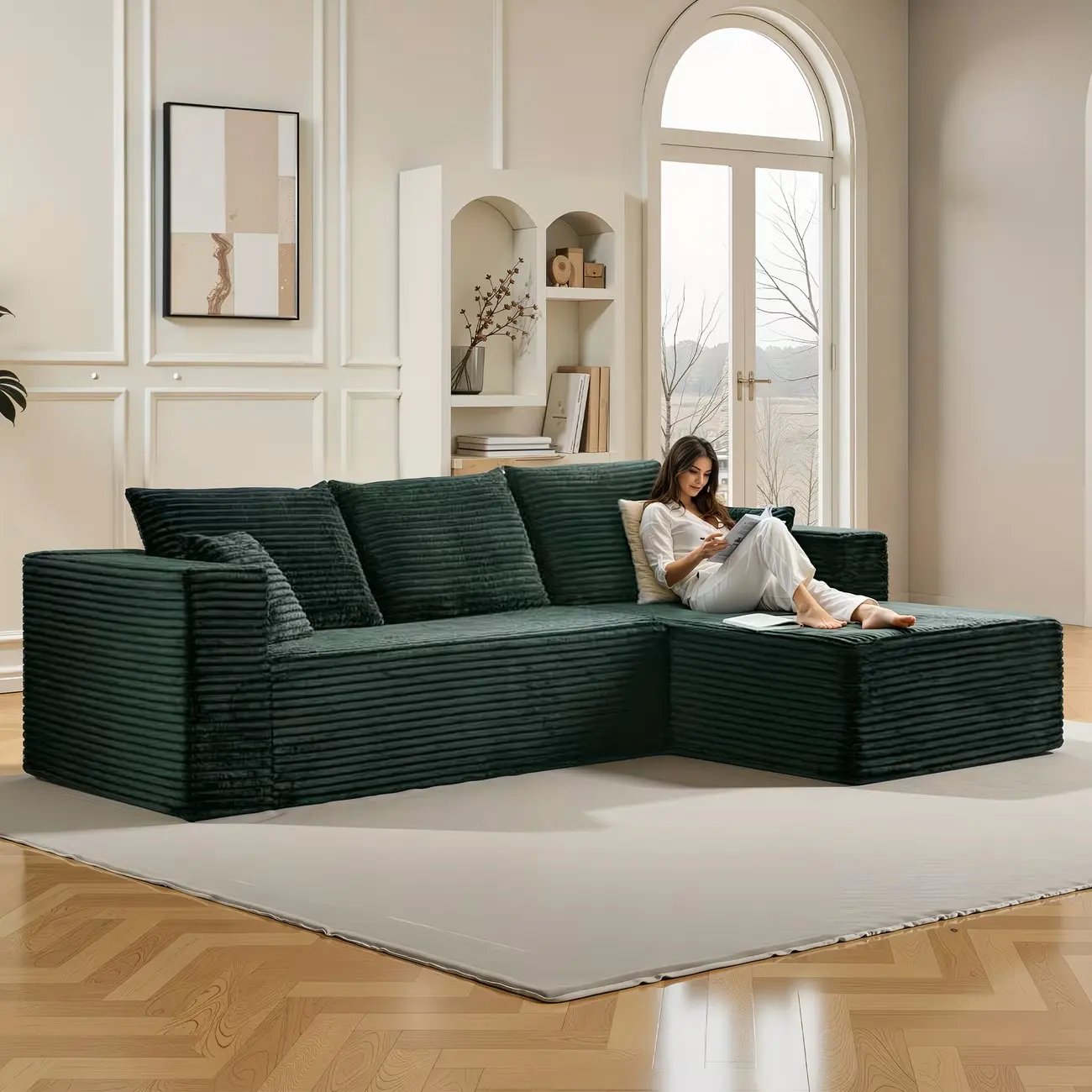 108.1in L-Shape Chaise Cloud-Soft Sectional Sofa - Fixed Arms, Ultra-Soft Corduroy Sleeper, No-Assembly Extra-Deep Seating Indoor Furniture, Sleek Minimalist Corner Sofa Set for Apartments, Lounges, L-Shape Sofa Sets, Cloud-Soft Sofa Sets