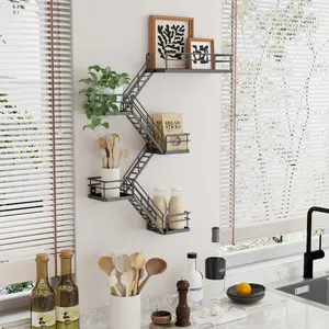 Fire Escape Shelf - 5 Tier Metal Black Fire Escape Wall Shelves with Baskets, New York Action Figurine Display Shelf, Unique Rustic Floating Decorative Wall Shelves for Any Room