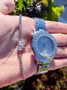 NEW 2Pcs Set Fashion Women Watches Luxury Brand Wristwatch Quartz Bling Iced Watch Bracelet
