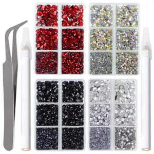 4 Boxes Hotfix Rhinestones Set,Flatback Glass Crystal,Clear Red AB Crystal and Black Rhinestone with Tweezers and Picking Pen for Crafts Clothes Nail Art,Valentine's Day Gifts,Hand Tools Kits