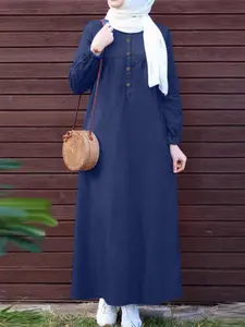 Women's Plain Button Front Long Sleeve Dress, Casual Round Neck Long Dress for Fall & Winter, Women's Clothing for Daily Wear, Modest Style Dress