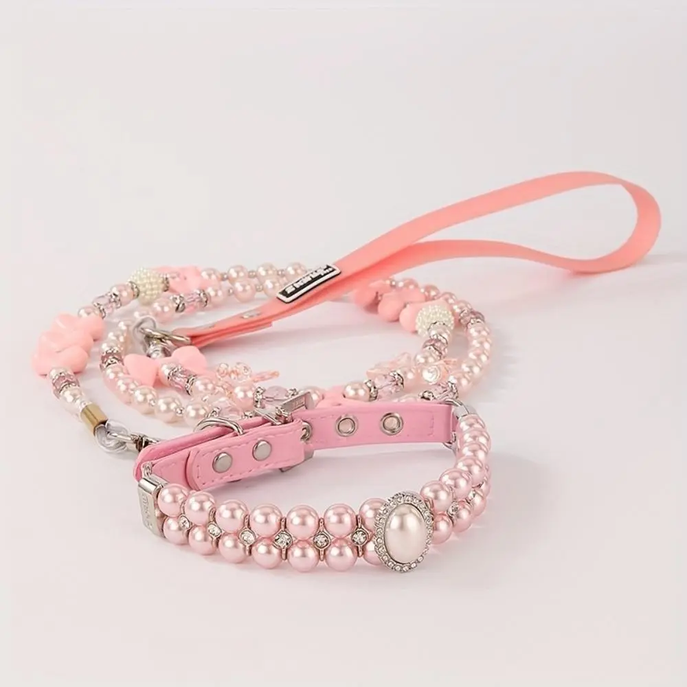 2PCS Rhinestone-Decorated Imitation Pearl Pet Collar & Leash Set, Adjustable Steel Bead Neck Chain, Dress Up & Secure Walks Gear for Small Cats/Puppies (Sports & Outdoor Protective Accessories)