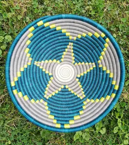 Teal, Gray & Yellow African Wall Hanging Rwanda Baskets Boho Wall Art