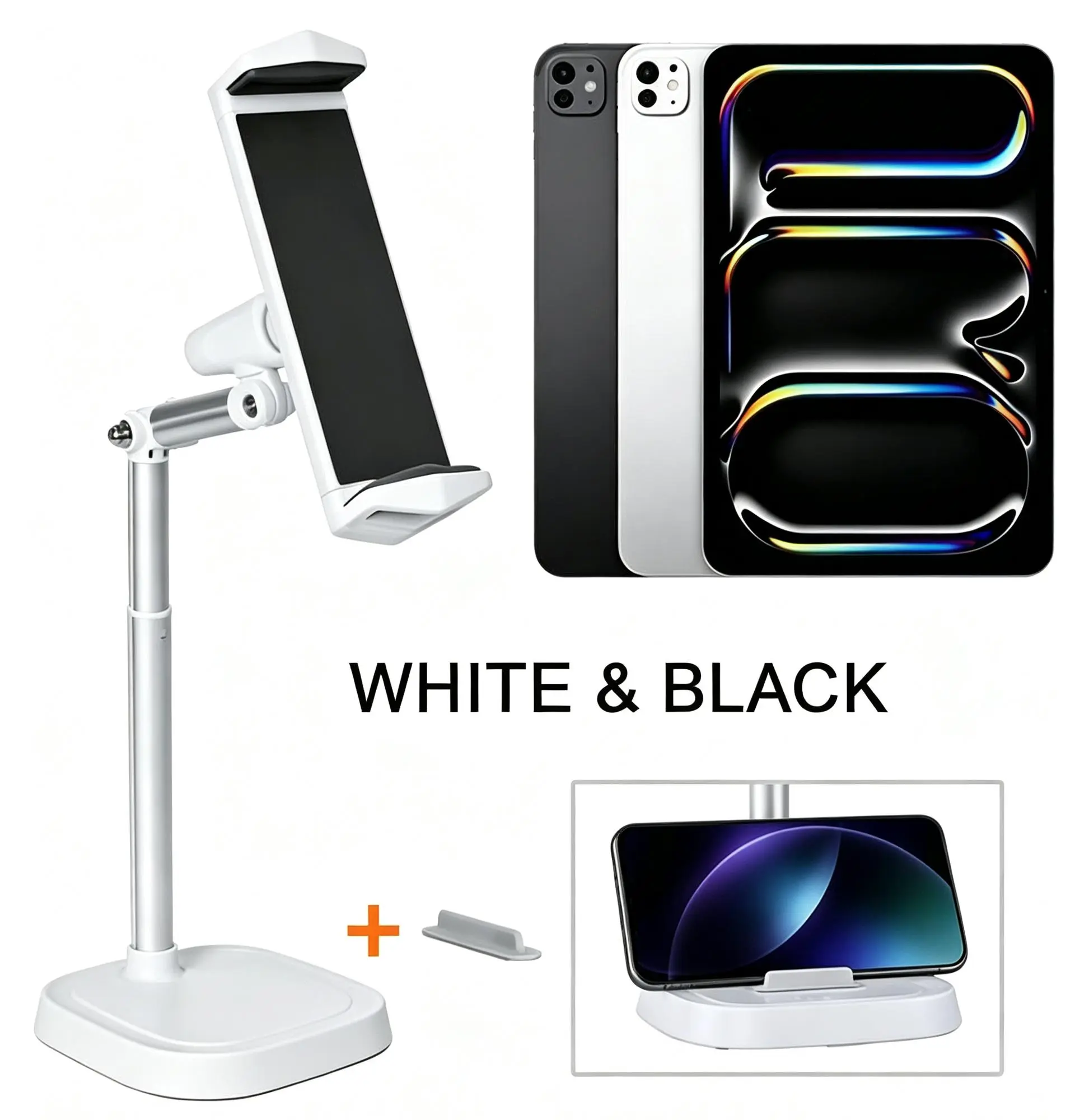 smartphone holder,360° Rotatable & Tilt Height Adjustable Holder,Adjustable Aluminum Multi-Device Tablet Stand,4.4lb Heavy Duty Load Capacity, Fits iPhone, iPad Pro/Air/Mini, Tablets & Portable Monitors Up to 17 Inch