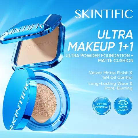 SKINTIFIC 2PCS Velvet Matte Combo – Matte Cushion + Ultra Cover Powder 16H Oil Control Pore-Blur Velvet Matte Long Lasting Flawless Lightweight Smooth Fit All Skin Types