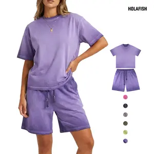 Holafish Womens Suits Oversized Tshirt & Shorts Set Heavyweight Cotton Relaxed Fit Summer Washed Dirty Washed Trendy Gradient Color Men's and Women's Suits, Short-sleeved Tops Paired with Shorts, Retro Couple Outfits