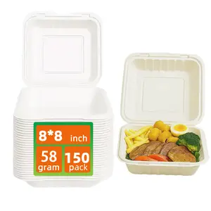 8*8 1-Compartment 150-Pack Plastic Clamshell Food To Go Box Containers Carryout For Sandwich Salad Heavy Duty Disposable Hinged With Secure Snap Lid To Go Containers Microwave and Freezer Safe - Reusable & Disposable Heavy Duty Clamshell Takeout |
