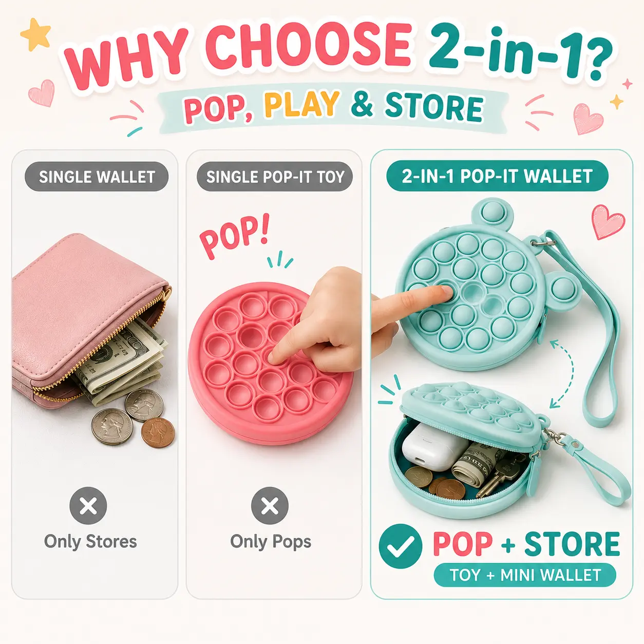 Bubble Fidget Silicone Coin Holder - Zippered Small Wallet with Wrist Straps, Keychain for Back to School Bags, Soft Storage for Coins, Cards, Keys, Earbuds, Tiny Essentials, Party Prize, Birthday Gift