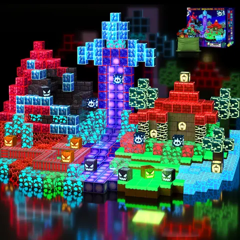Coodoo 200 Pieces Glow-in-Dark Magnetic Building Cubes Block Set with Drawstring Bag, Interlocking STEM Montessori Sensory Toys for Open Ended Play, Unique Cool Christmas Gifts for Kids