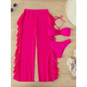 Swim Summer Beach 3packs Plain Criss Cross Halter Bikini Set & Cover Up Pants