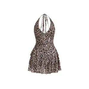 Y2K Leopard Print Halter Dress Ruched Tie Backless Tiered Layer Mini Dresses Cheetah Mesh Ruffle Dress