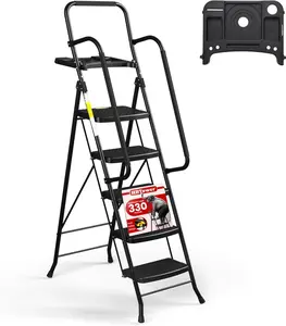 5-Step Folding Ladder, Home Improvement Folding Step Stool with Wide Anti-Slip Pedals, Tool Tray, and Handrails, 330lbs Capacity for Home, Kitchen, Black
