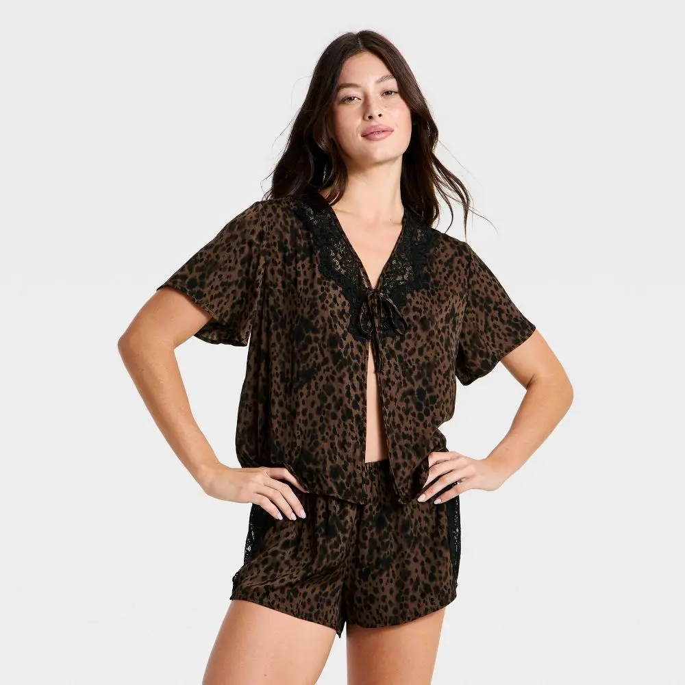 Women's Lace Trim Satin Fly Away Top and Shorts Pajama Set - Auden Brown XL
