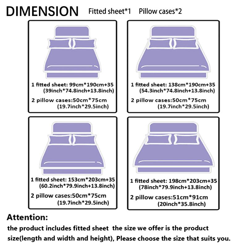3-piece multi-pattern fitted sheet set (1 fitted sheet  + 2 pillowcases without filler), deep pocket 15 inches machine washable, low allergenic, high quality mattress protector for bedrooms, dorm rooms, HD printed all-season room decoration Bedding Suppli