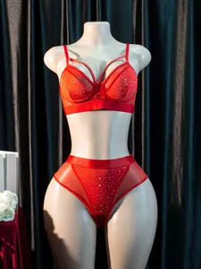 Women's Lingerie Set, Underwear, Hollow Out Bra & Thong, Bralette, Elegant Single Color Design, Sparkling Beads, Comfortable Fit for Parties & Valentine's Day Gifts