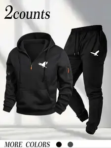 Men's 2-Counts Eagle Graphic Athletic Tracksuit Set, Fashion Urban Streetwear Hoodie and Joggers, Comfortable Soft Fabric with Bold Animal Design & Functional Pockets, Ideal for Casual Daily Wear, Street Fashion Enthusiasts & Urban Lifestyle