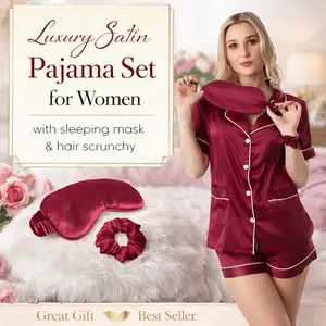 Taniri Luxury Satin Pyjamas Set for Women, 4 Piece Essential Gift Set with Sleep Mask and Scrunchie, Silky Bridesmaid Pyjamas, Bridal Party Womenswear Elegance, Slip Feel Wedding Morning Loungewear, Plus Size