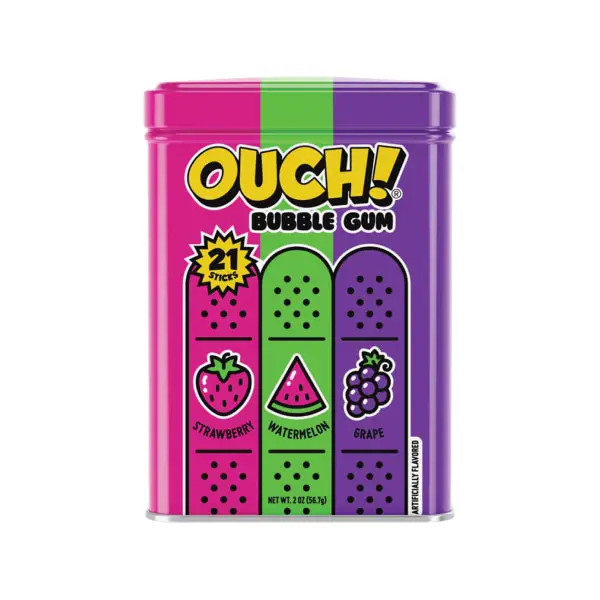 Ouch! Chewinggum - Watermelon, Strawberry & Grape Flavor | 21 Sticks in a Tin Vintage Candy Snack Sweet