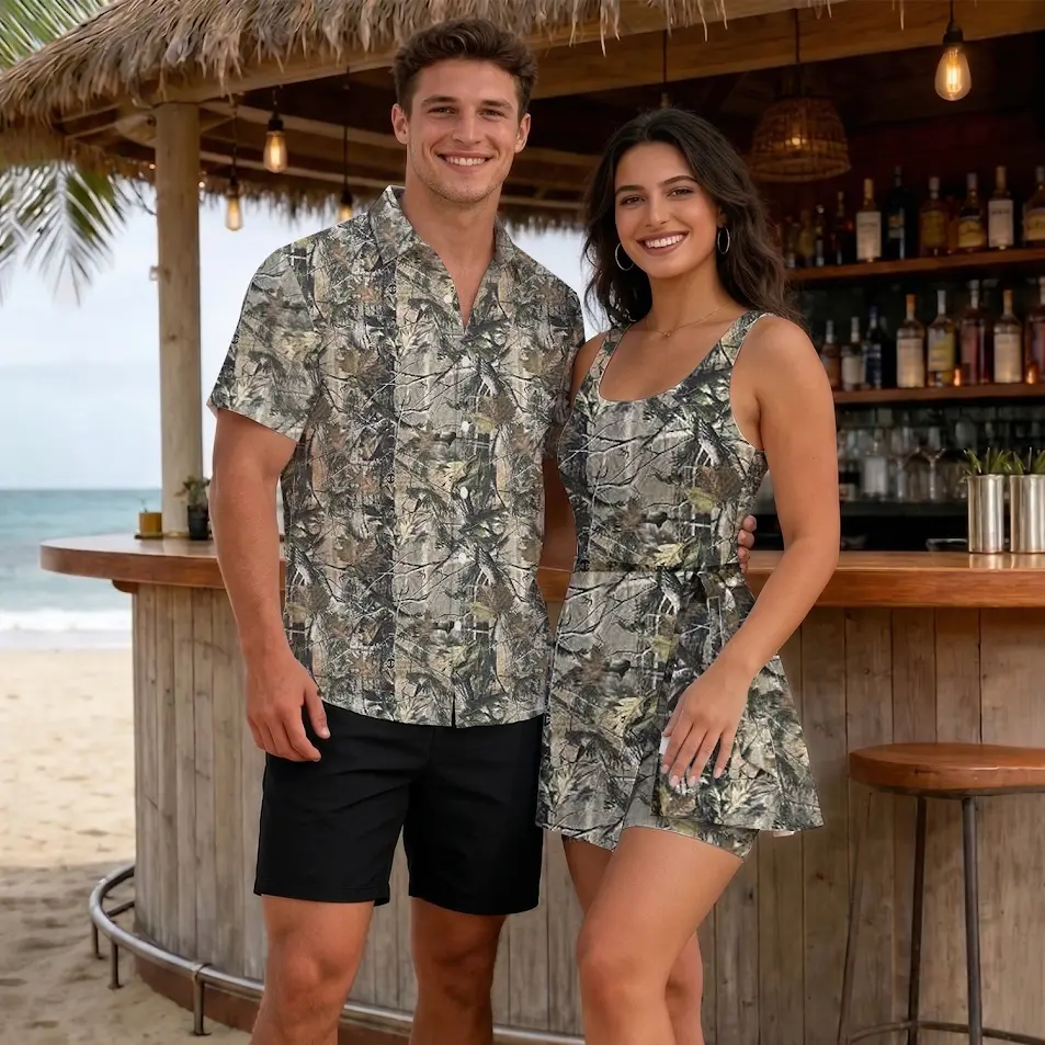 Forest Woods Camouflage Pattern 2026 Vacation Couple Set Dress and Shirt Hawaii, Nature Outdoor Hunting Camo Apparel For Men Women, Summer Beach Party Outfit Lover Gift Idea | 030426.R0742.ID01