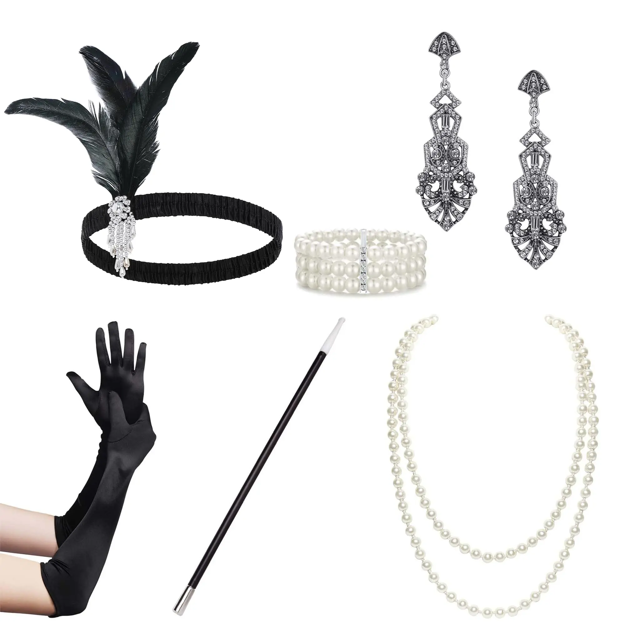 BABEYOND 1920s Flapper Accessories Gatsby Costume Accessories Set 20s Flapper Headband Pearl Necklace Gloves Plastic Holder