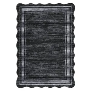 8 x 10 ft Polyester Black Rectangular Machine Washable Geometric Bordered Living Room Bedroom Dining Room Machine Washable Area Rug