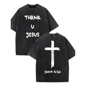 Vintage Acid Wash Black Thank U Jesus Graphic Tee John 3:16 Cross Faith Oversized T‑Shirt Perfect Father's Day Gift