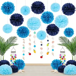 18pcs Reusable Blue Tissue Paper Pom Poms, Easy to Assemble Fluffy Hanging Paper Flowers, Wedding & Party Decorations