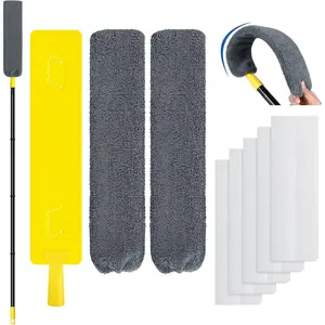 Suitable for Long Handle Cleaning Tools under Refrigerators, Washing Machines, Beds and Furniture, Containing 2 One Reusable Ultra-Fine Fiber Shoe-Pad, 5 Disposable Dust Cloth and Retractable Flat Gap Duster (30-63 Inches)