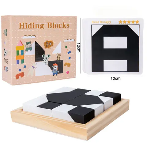 Wooden Logic Puzzle Brain Teaser Hiding Set - 16/32 Patterns, 80 Hidden Motifs, Double-Sided Cards, Unisex Cuboid Toy (12 Cm × 12 Cm × 1.7 Cm), Screen-Free Toddler Learning Activity for Ages 3+, Road Trips