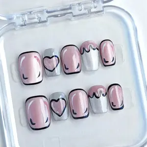 10pcs Sweet Pink Short Square Handmade Wearable Nails,Nail Art,2D Cartoon Nails,Silver Cat Eye Nails,Y2k Nails,Cute,Nail Supplies,Full Coverage Press-On False Nails Suitable For All Ladies & Girls Everyday Wear,Fake Nails
