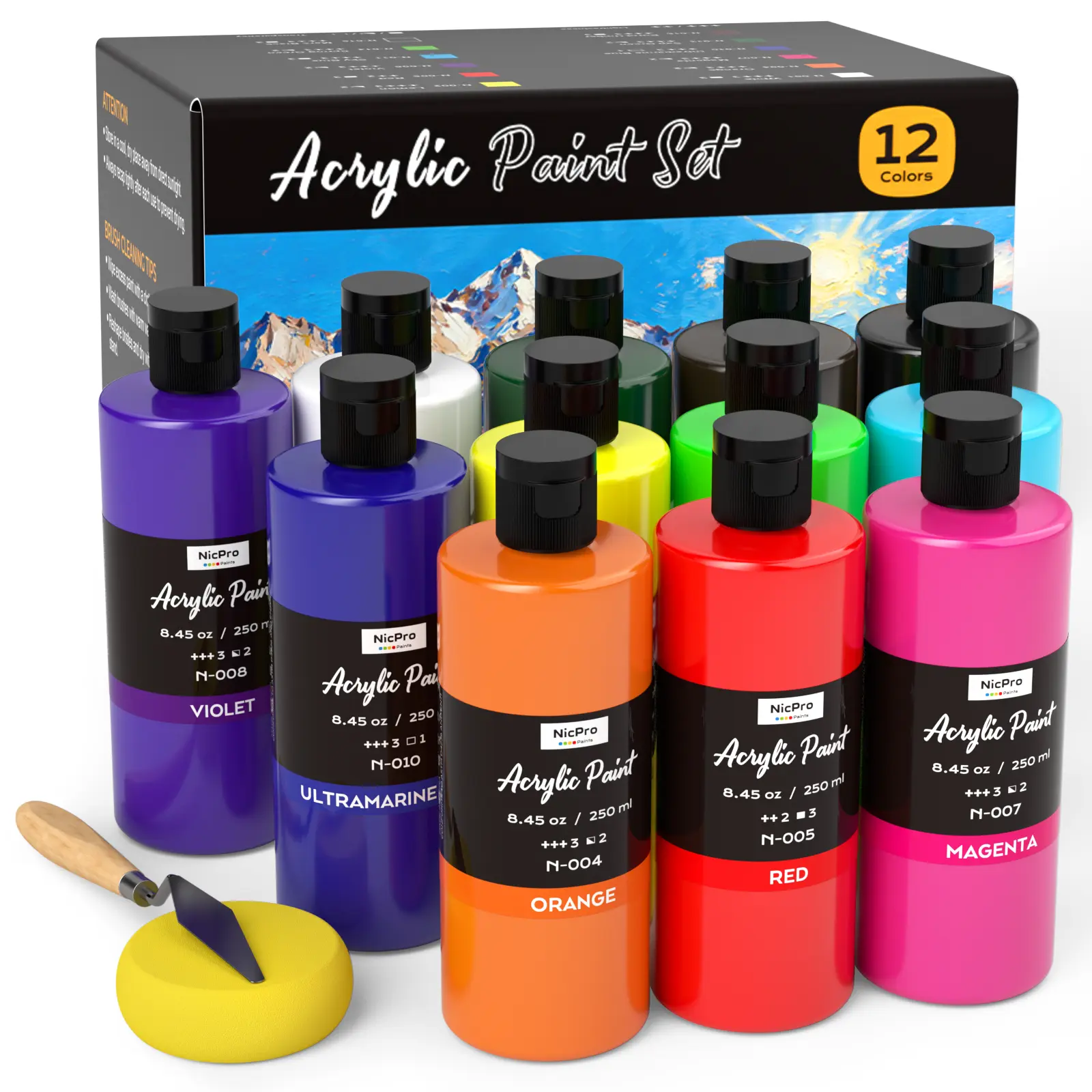 Nicpro 12-Color Large Bulk Acrylic Paint Set (8.45 oz/250 ml) - Ample Non-Toxic Art School Supplies, Multi-Surface Craft Use, Color Wheel Included, for Adults & All Ages